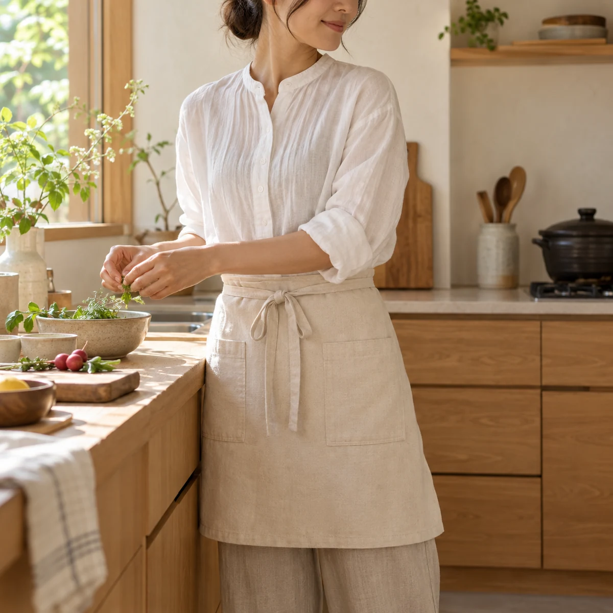 Everyday Waist Apron in Oatmeal — lifestyle setting