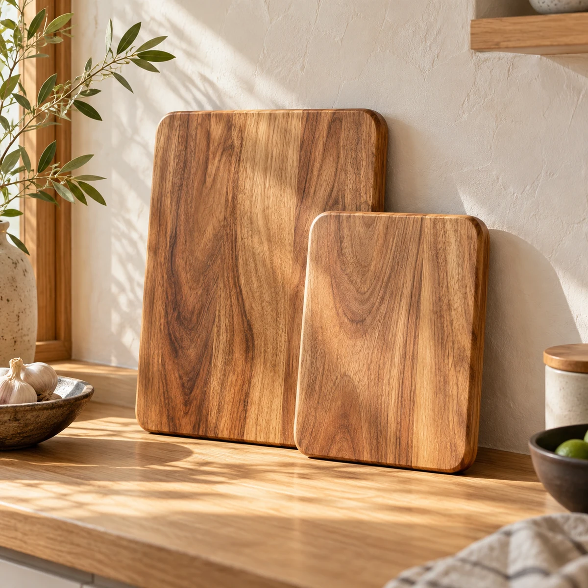 Acacia Prep Board Duo in Natural wood — lifestyle setting