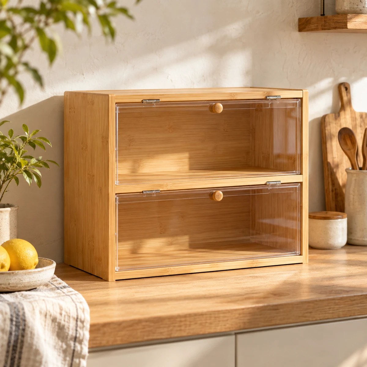 Two-Tier Bread Box in Natural bamboo / clear — lifestyle setting