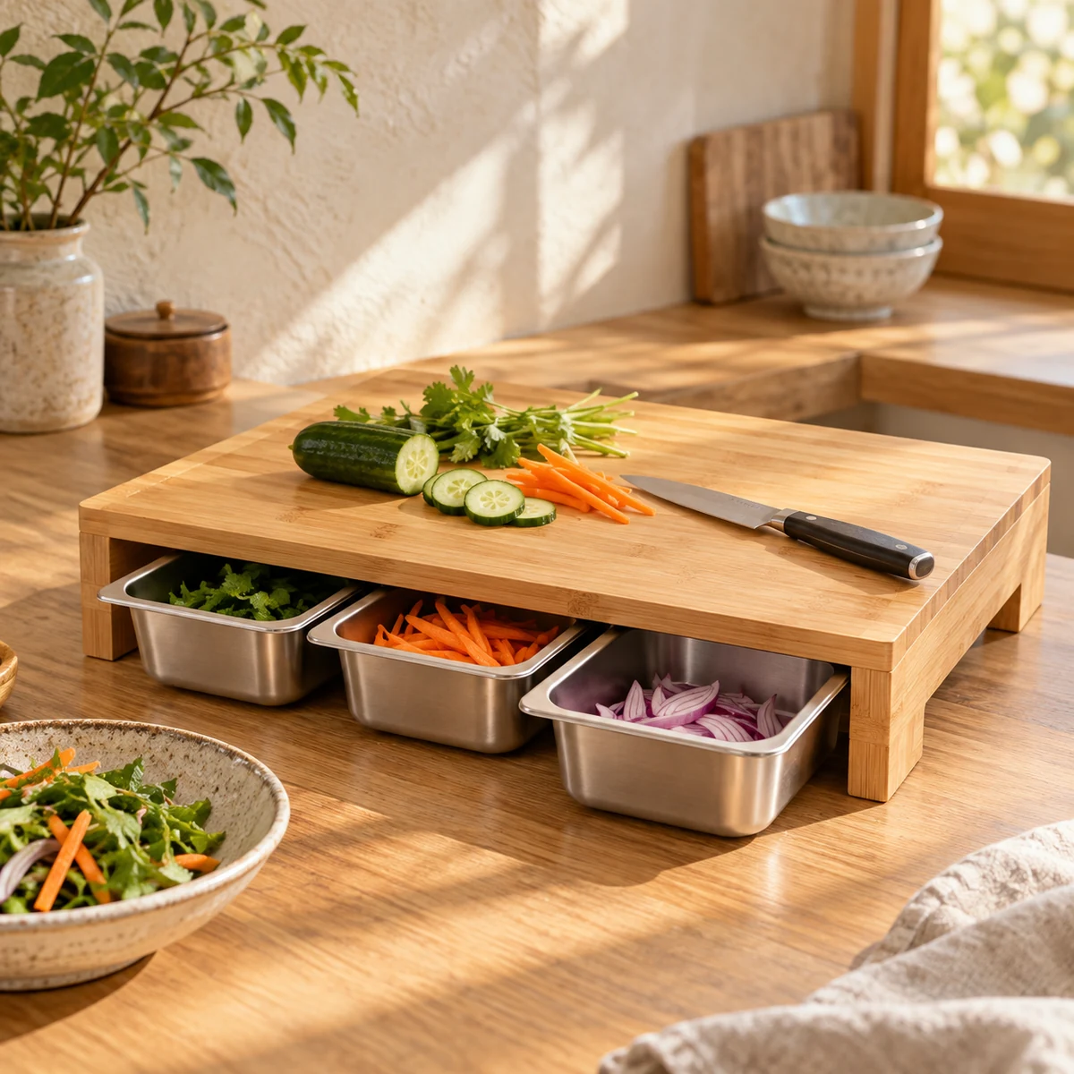 Bamboo Prep Station in Natural bamboo / silver — lifestyle setting