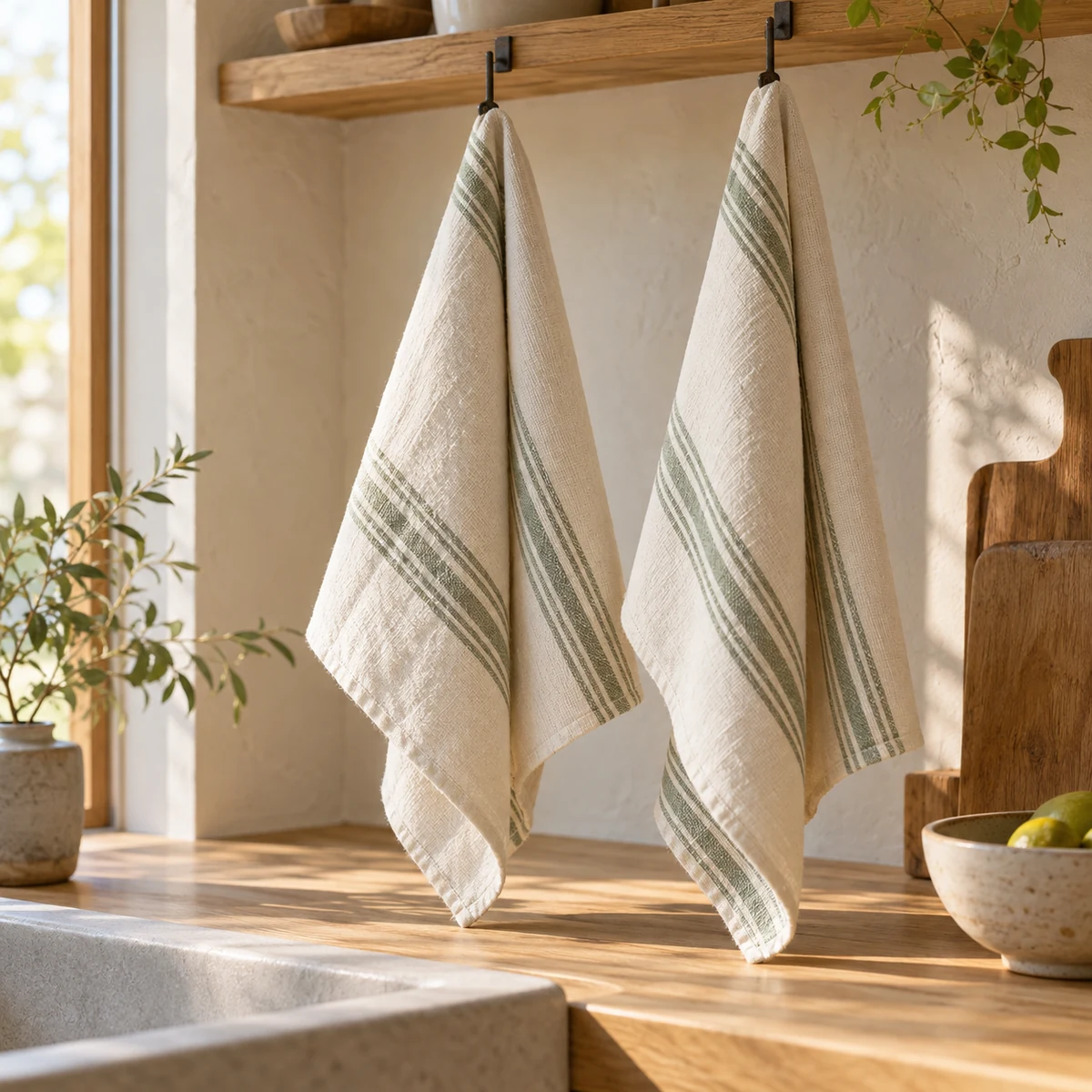 Stripe Kitchen Towel Duo in Ivory / sage stripe — lifestyle setting