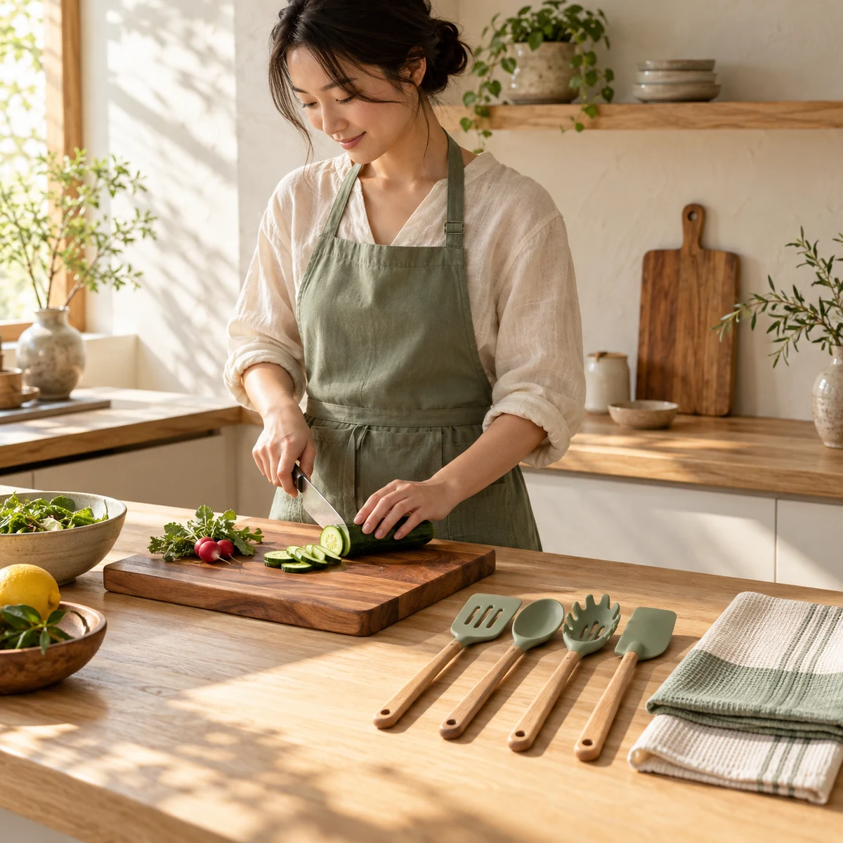 Kitchen Starter Collection in Sage green / natural wood — lifestyle setting