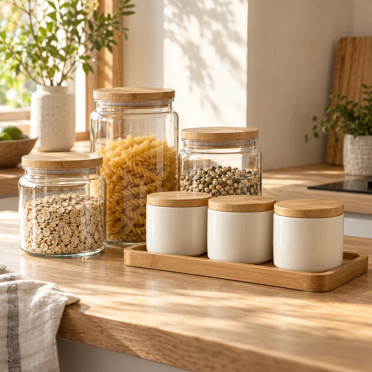 Countertop Storage Collection in Clear / cream / natural bamboo — lifestyle setting