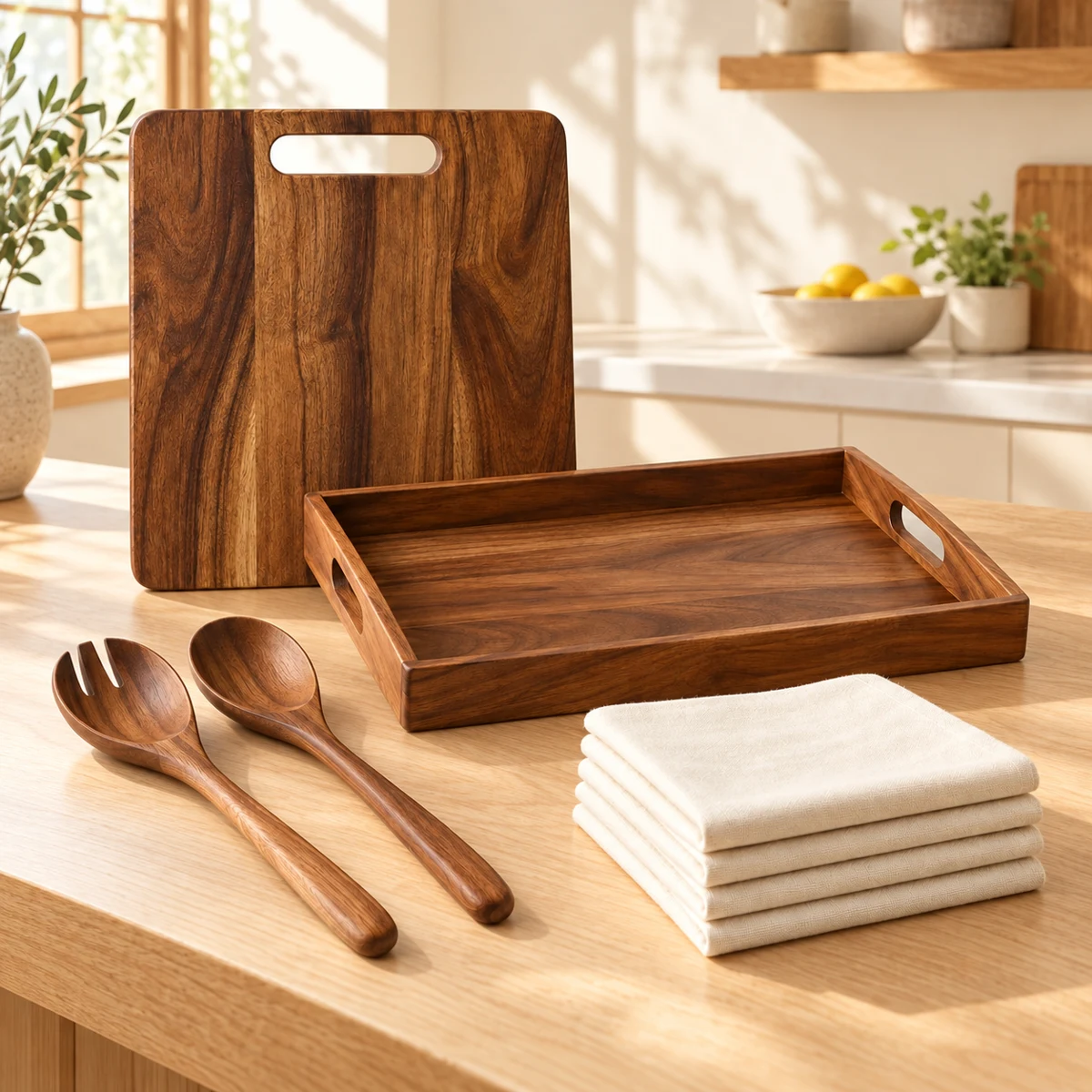 Acacia Prep & Serve Collection in Walnut brown / ivory — lifestyle setting