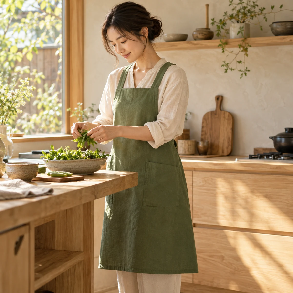Crossback Cotton Apron in Matcha green — lifestyle setting