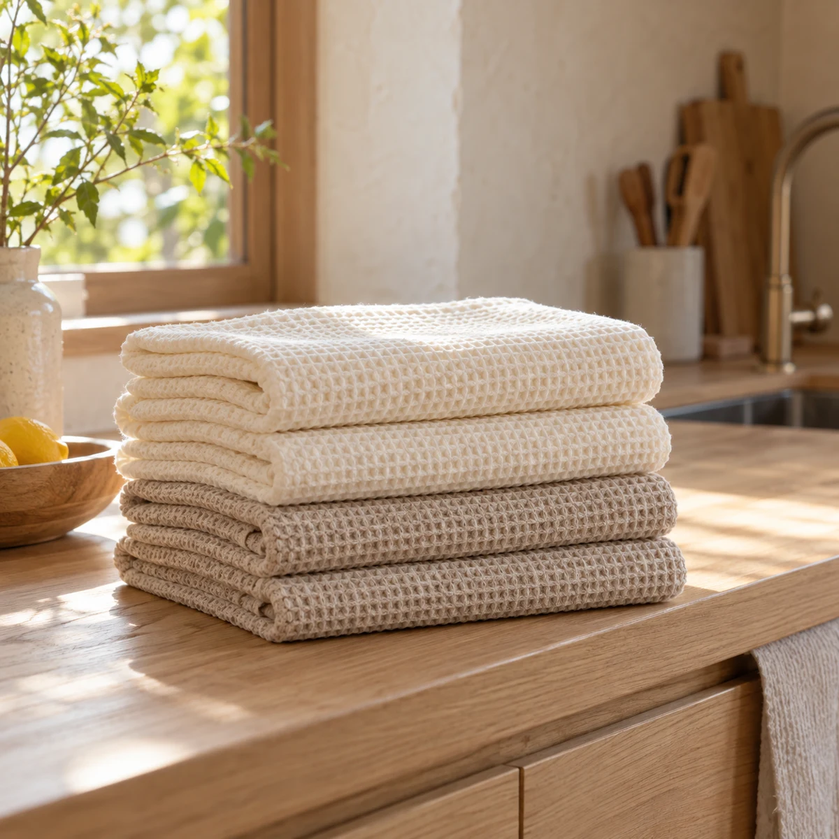 Waffle Kitchen Towel Set in Cream / oatmeal — lifestyle setting