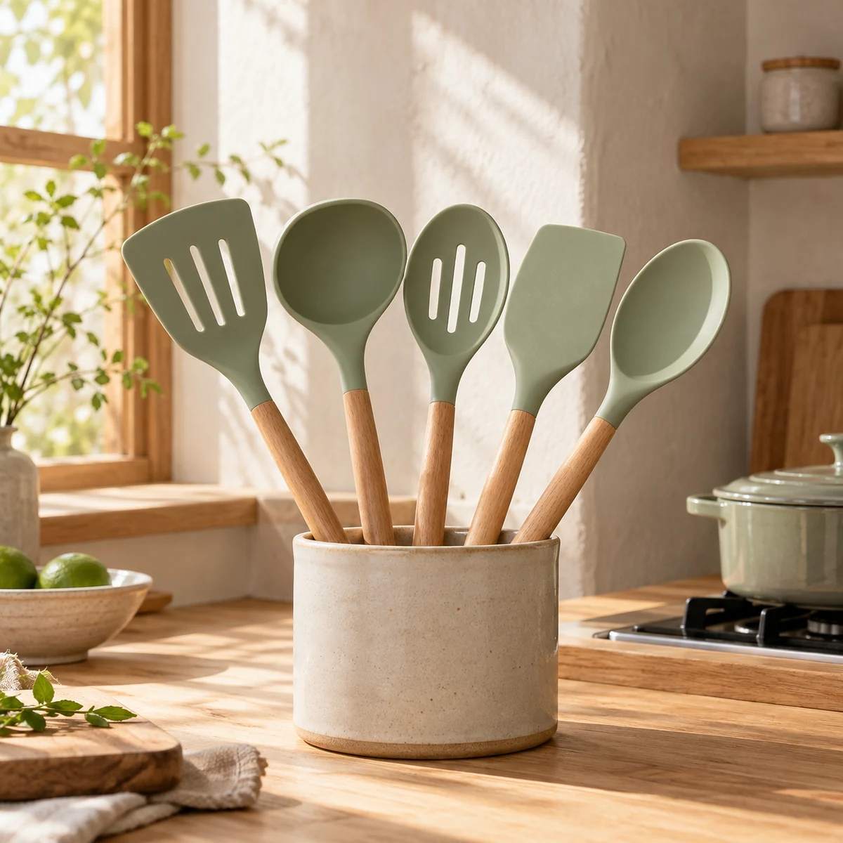 Everyday Prep Utensil Set in Sage green / natural wood — lifestyle setting
