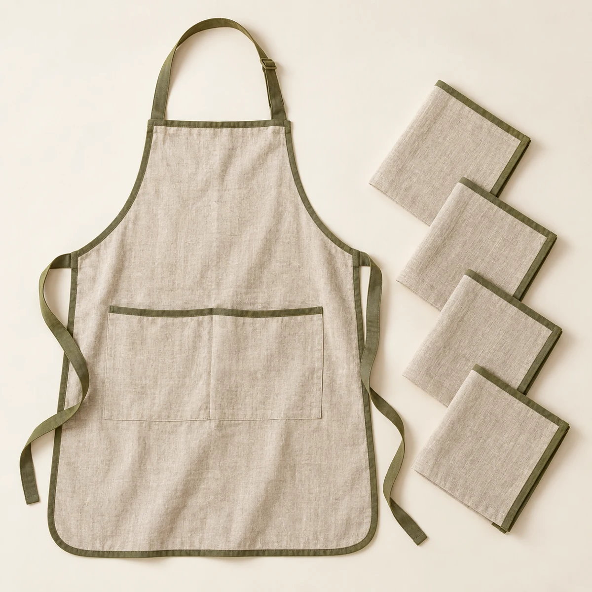 Linen Blend Apron & Napkin Set in Linen beige / olive trim