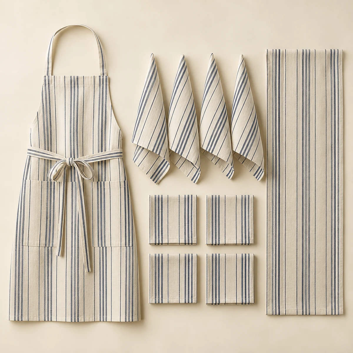 Kitchen Textile Gift Set in Ivory / indigo fine stripe
