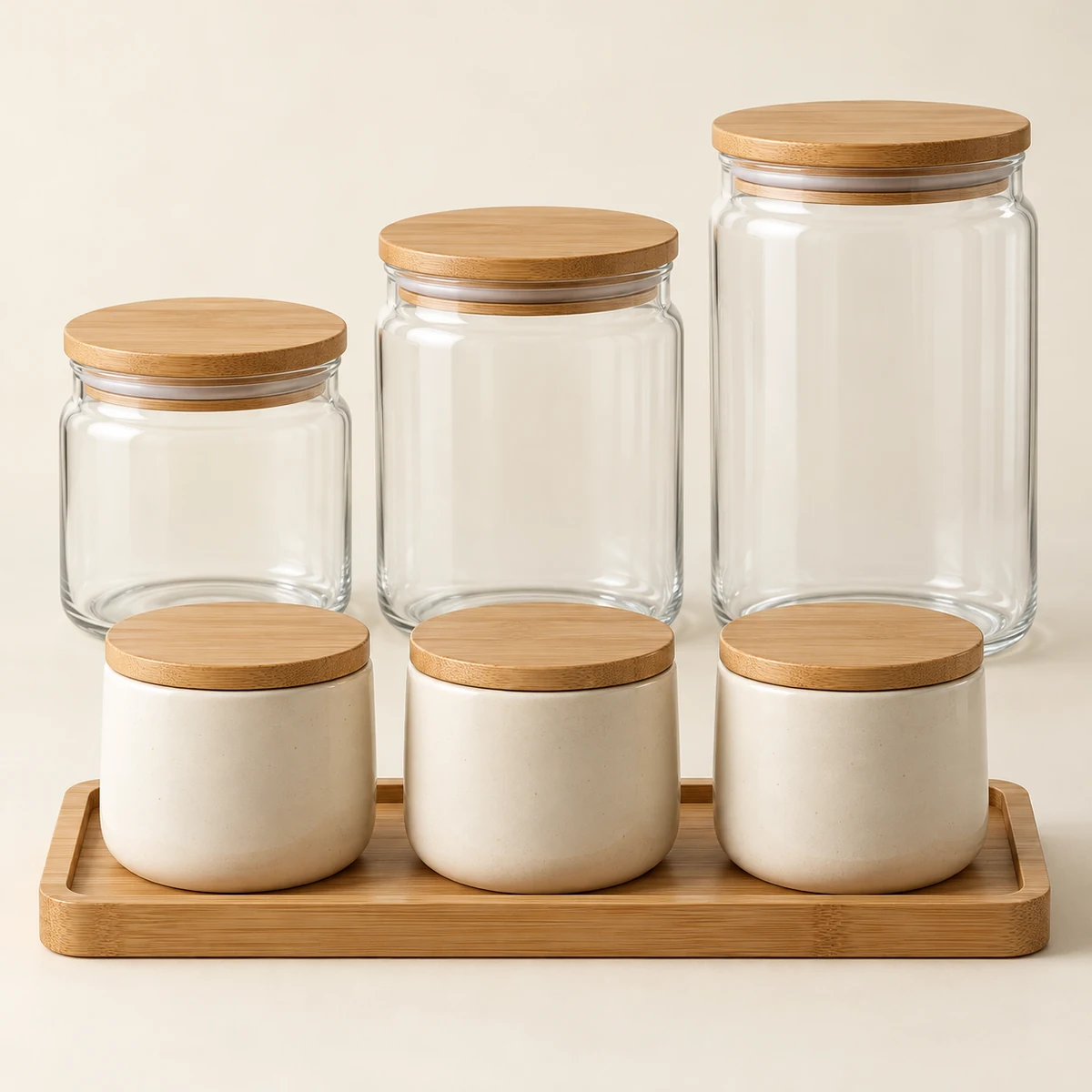 Countertop Storage Collection in Clear / cream / natural bamboo